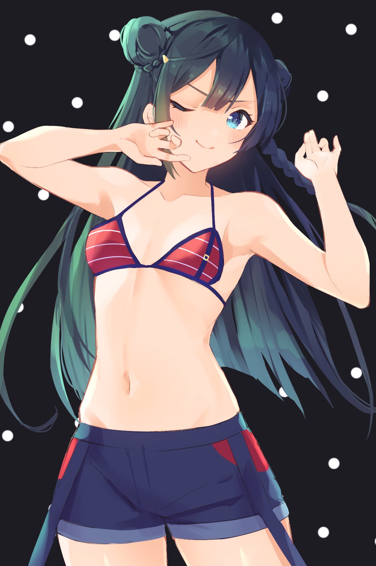 1girl, armpits, arms_up, bare_arms, bare_shoulders, bikini, black_background, black_hair
