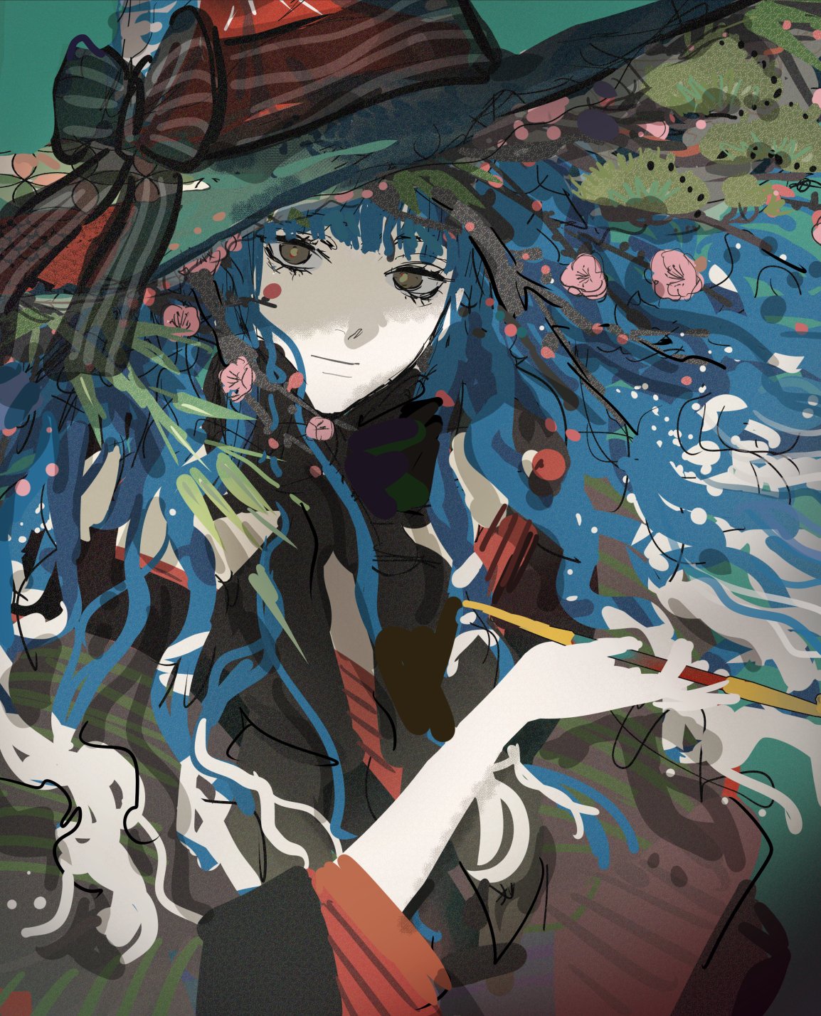 1girl, black_bow, black_neckwear, blue_hair, bow, bowtie, closed_mouth, colored_skin