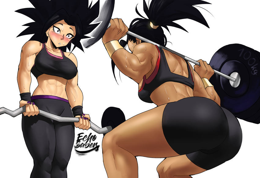 2girls, abs, absurdres, ass, barbell, basketball, bike_shorts, black_eyes