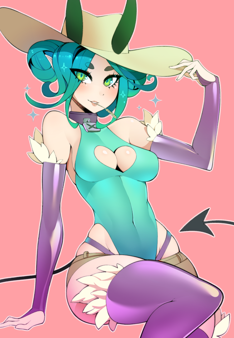1girl, arm_support, bare_shoulders, blue_hair, blue_leotard, blush, breasts, bridal_gauntlets
