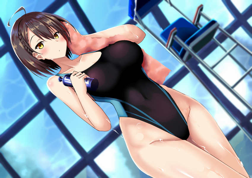 1girl, ahoge, azur_lane, baltimore_(azur_lane), bangs, bare_shoulders, black_swimsuit, blush