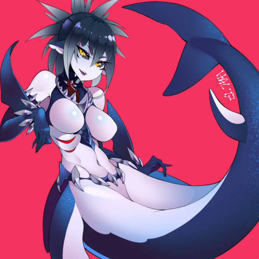 1girl, :d, abs, black_hair, black_sclera, blue_gloves, blue_skin, colored_skin, commentary, commission, dated, elbow_gloves, english_commentary, fish_tail, gills, gloves, grey_skin, halphelt, lipstick, looking_at_viewer, makeup, medium_hair, mermaid, mershark_(monster_girl_encyclopedia), monster_girl, monster_girl_encyclopedia, multicolored, multicolored_skin, navel, no_nipples, open_mouth, ponytail, purple_lips, purple_lipstick, red_background, shark_fin, shark_tail, sharp_teeth, signature, simple_background, slit_pupils, smile, solo, tail, teeth, toned, two-tone_skin, upper_teeth, yellow_eyes