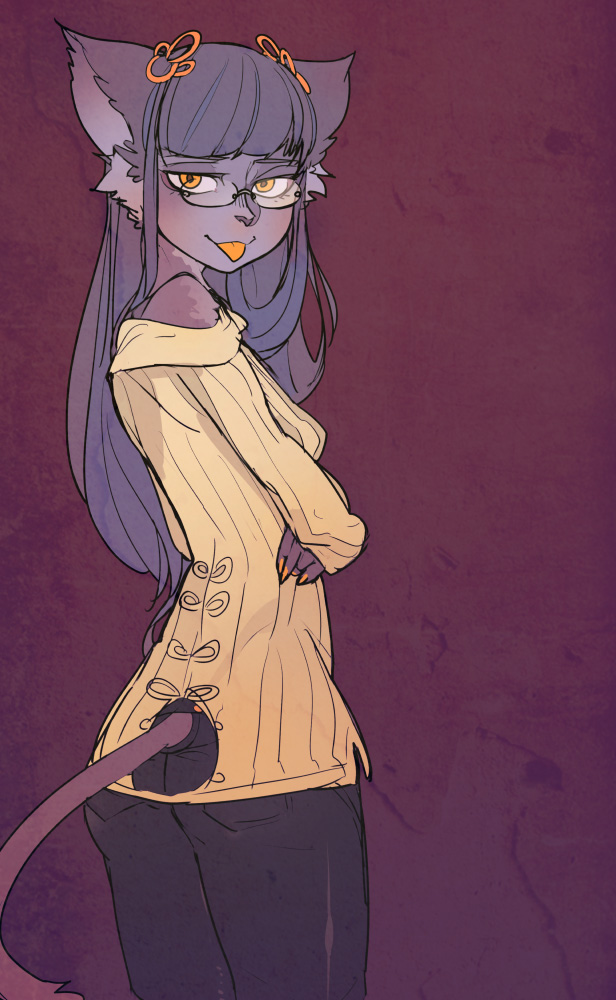1girl, :p, animal_ears, clothing_cutout, colored_skin, cowboy_shot, fingernails, from_behind