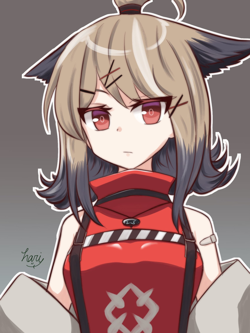 1girl, animal_ears, arknights, bandaid, bandaid_on_arm, brown_background, brown_hair, cutter_(arknights)
