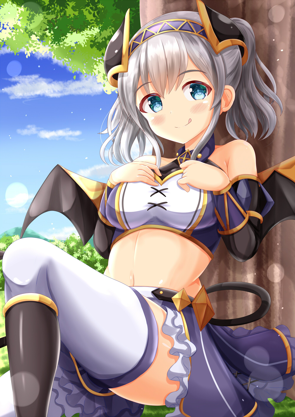 1girl, :q, akari_(princess_connect!), bangs, black_footwear, blue_eyes, blue_skirt, blush, boots, breasts, closed_mouth, commentary_request, crop_top, curled_horns, day, demon_girl, demon_horns, demon_tail, demon_wings, eyebrows_visible_through_hair, frilled_skirt, frills, grey_hair, hair_between_eyes, hairband, hands_up, highres, horns, knee_boots, medium_breasts, midriff, navel, outdoors, princess_connect!, princess_connect!_re:dive, purple_hairband, skirt, smile, solo, tail, thigh-highs, tongue, tongue_out, tree, twintails, white_legwear, wings, zenon_(for_achieve)