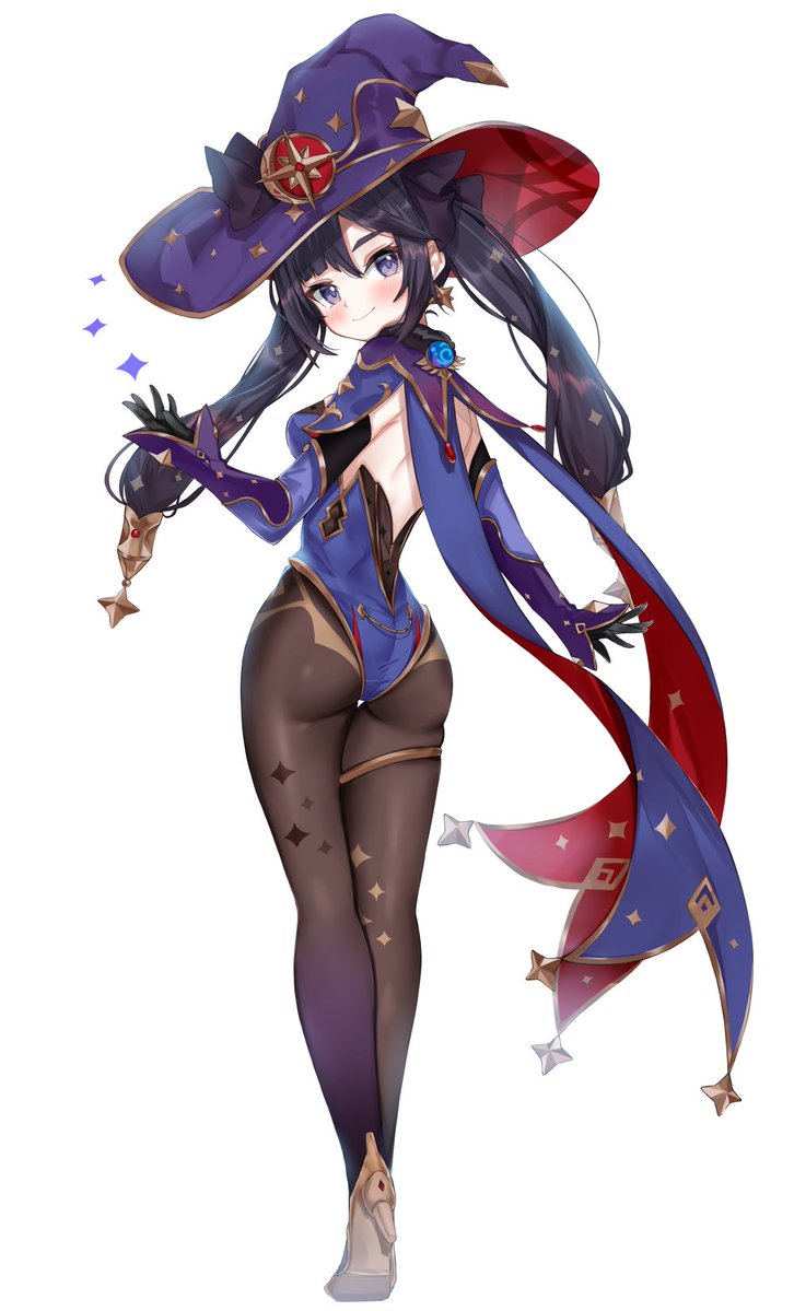 1girl, ass, bangs, black_gloves, black_hair, blue_leotard, blush, breasts