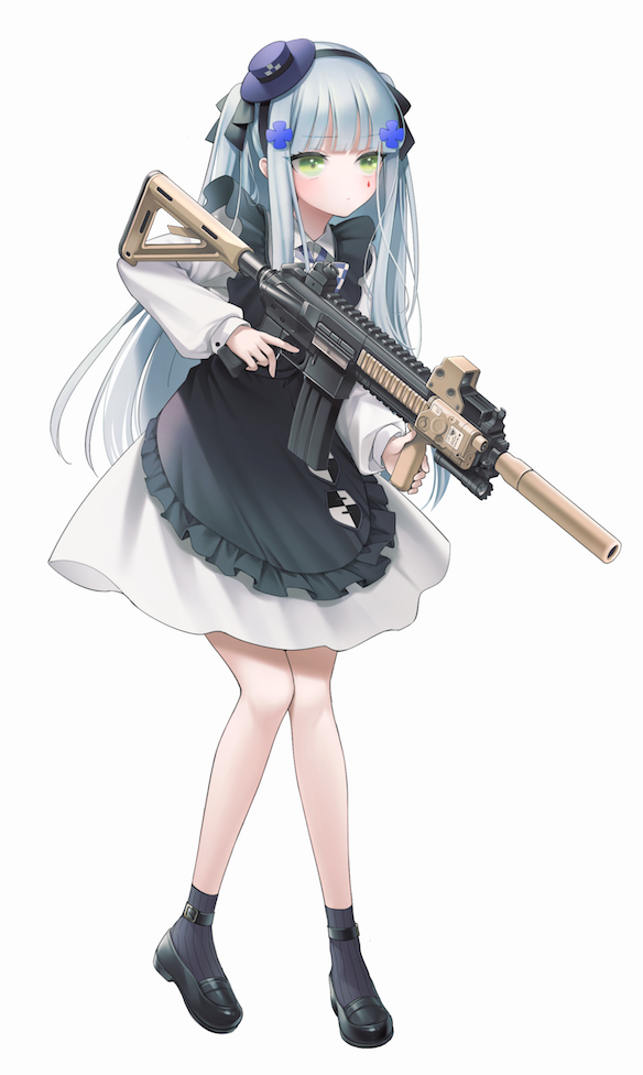 1girl, apron, assault_rifle, bangs, black_footwear, black_legwear, blue_hair, blue_headwear