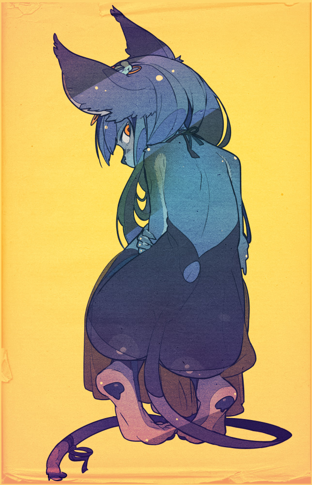 1girl, animal_ears, ass, backless_dress, backless_outfit, barefoot, blue_skin, colored_skin