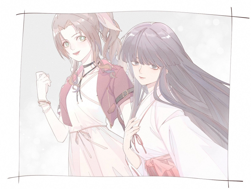 2girls, aerith_gainsborough, bangs, black_eyes, black_hair, blunt_bangs, bracelet, brown_hair