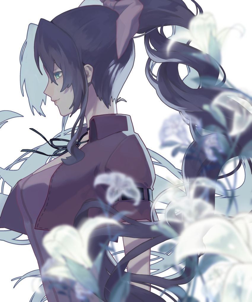 1girl, absurdres, aerith_gainsborough, blurry, brown_hair, cropped_jacket, depth_of_field, dress