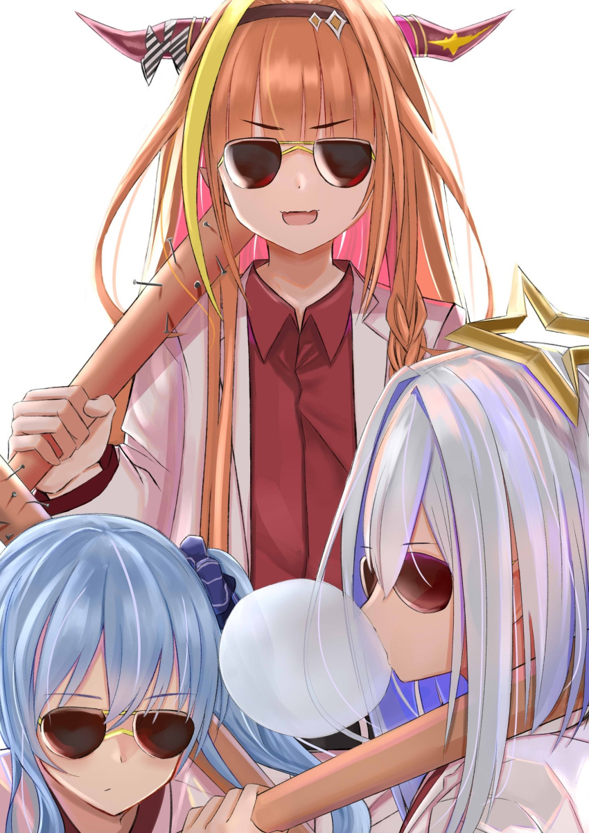 3girls, alternate_costume, amane_kanata, angel, bangs, baseball_bat, black_bow, black_hairband, blonde_hair, blue_hair, blunt_bangs, blush, bow, bowtie, braid, bubble_blowing, candy, chewing_gum, collared_shirt, colored_inner_hair, cosplay, dragon_girl, dragon_horns, eyebrows_visible_through_hair, facing_viewer, food, formal, hairband, halo, highlights, highres, holding, holding_weapon, hololive, horn_bow, horns, hoshimachi_suisei, jacket, kiryuu_coco, kiryuu_kazuma, kiryuu_kazuma_(cosplay), long_hair, medium_hair, multicolored, multicolored_bow, multicolored_hair, multiple_girls, nail, nail_bat, natsuki_(natukituki), open_mouth, orange_hair, over_shoulder, pointy_ears, red_shirt, ryuu_ga_gotoku, shirt, side_ponytail, silver_hair, simple_background, single_braid, streaked_hair, striped, suit, sunglasses, virtual_youtuber, weapon, weapon_over_shoulder, white_bow, white_jacket, yakuza