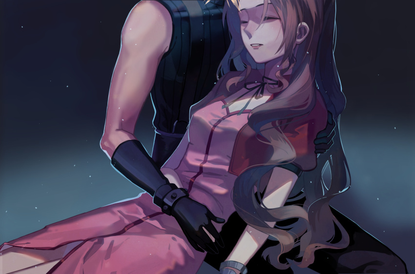 1boy, 1girl, absurdres, aerith_gainsborough, blonde_hair, brown_hair, closed_eyes, cropped_jacket