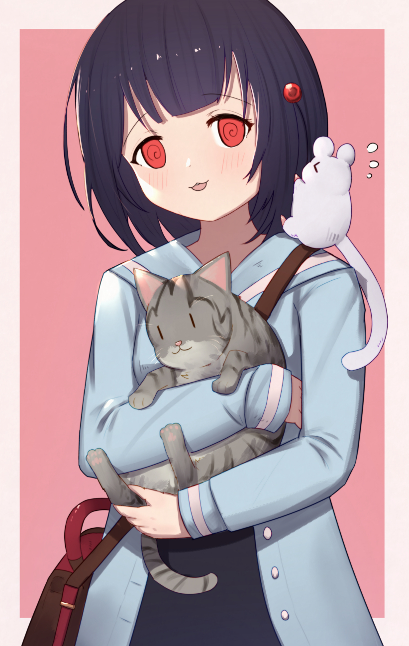>_<, 1girl, :3, @_@, animal, animal_hug, bag, bangs