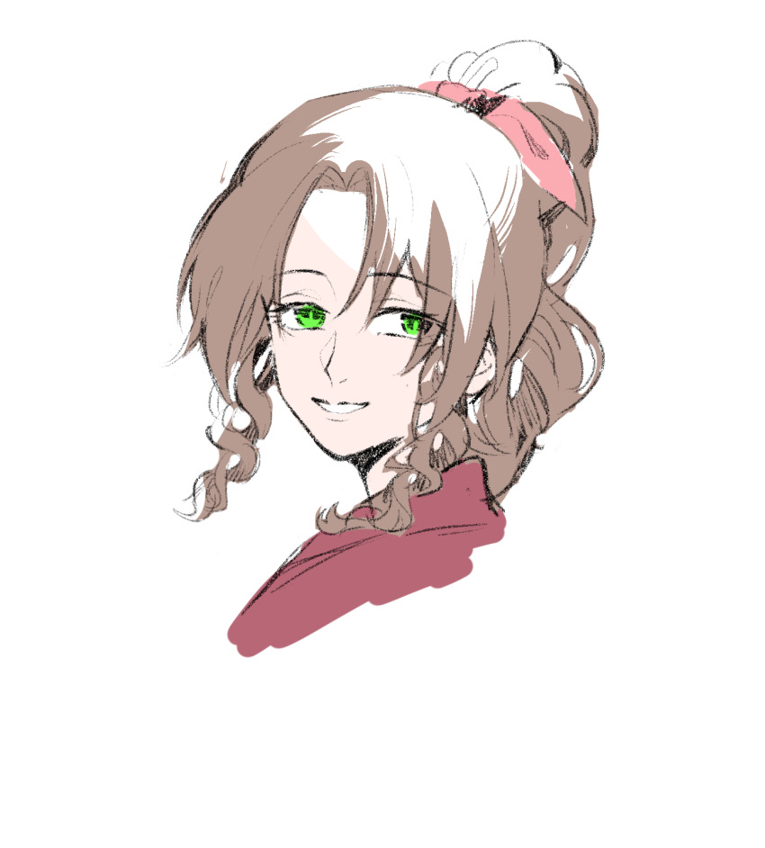 1girl, aerith_gainsborough, bow, brown_hair, final_fantasy, final_fantasy_vii, green_eyes, hair_ribbon