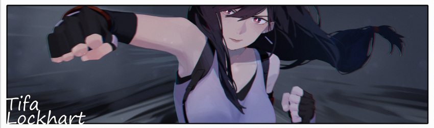 1girl, action, black_hair, chromatic_aberration, earrings, final_fantasy, final_fantasy_vii, final_fantasy_vii_remake