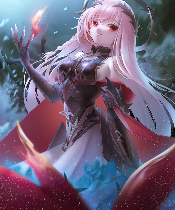 1girl, alternate_costume, alternate_hairstyle, bare_shoulders, braid, breasts, eyebrows_visible_through_hair, fire