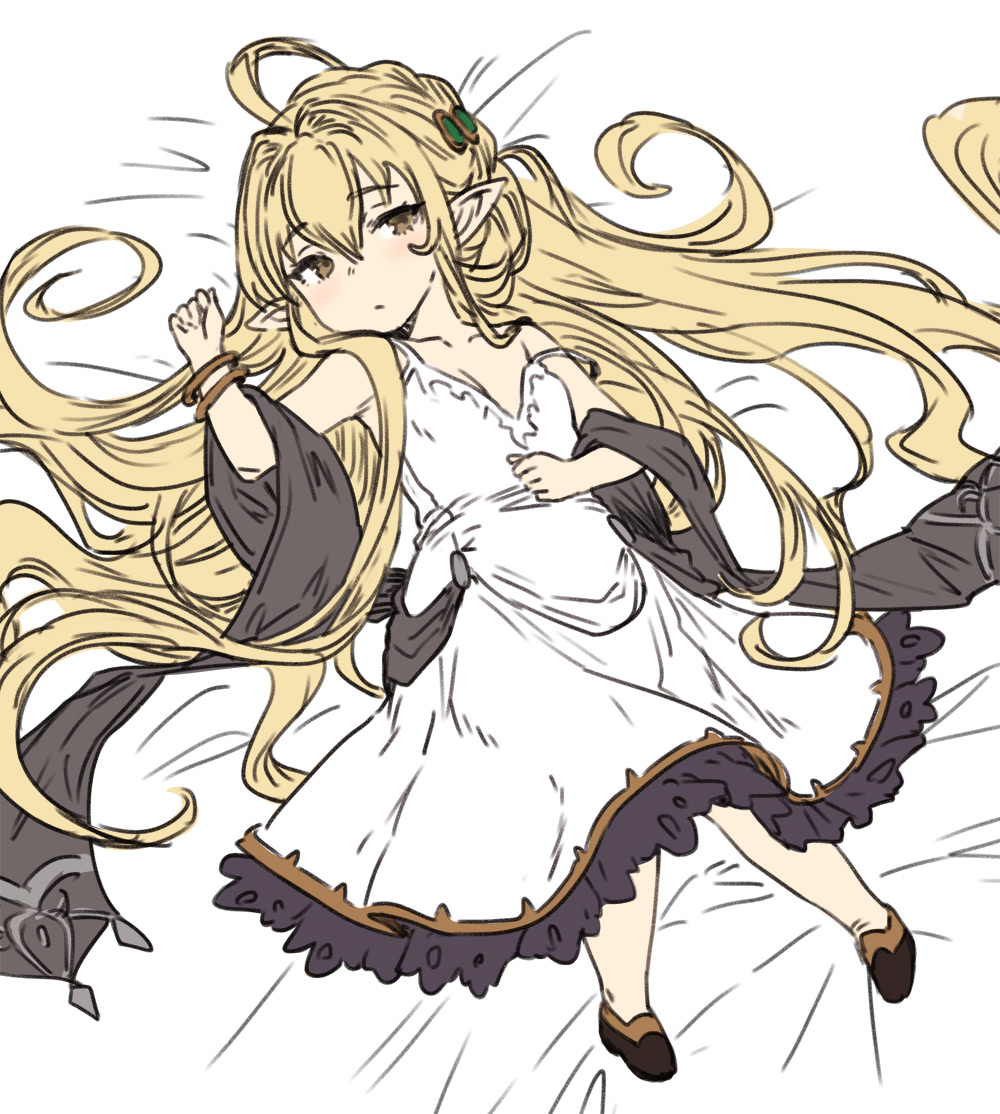 1girl, ahoge, bangs, bed_sheet, blonde_hair, brown_eyes, dress, eyebrows_visible_through_hair
