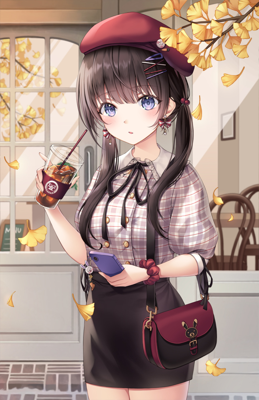 1girl, animal_print, autumn_leaves, bag, bangs, beret, black_hair, black_ribbon