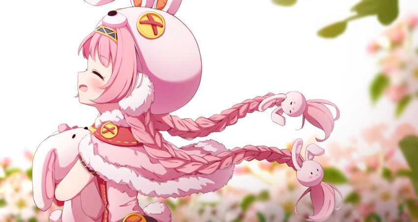 1girl, :d, animal_ears, animal_hat, blurry, blurry_background, blush, braid
