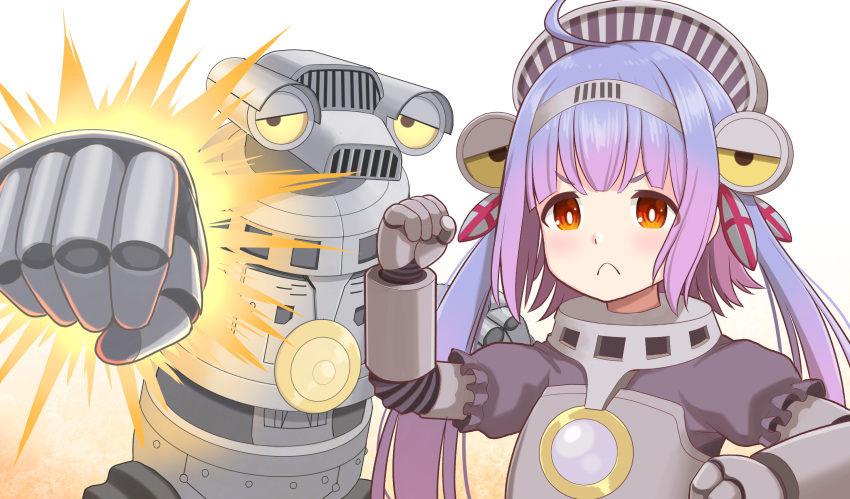 1girl, ahoge, bangs, blue_hair, brown_eyes, clenched_hands, duke_(kimurasun), eyebrows_behind_hair