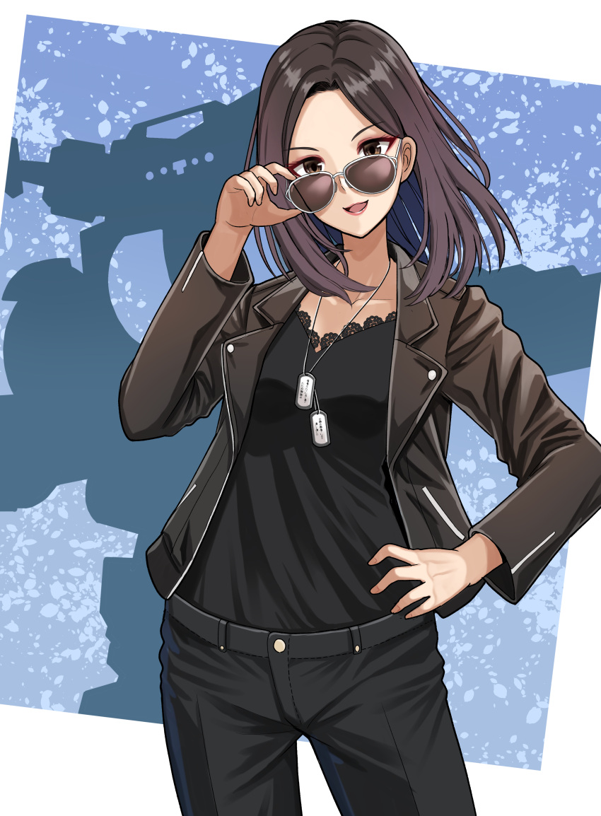 1girl, absurdres, black_pants, brown_eyes, duke_(kimurasun), eyeshadow, floating_hair, hand_on_hip, highres, holding, holding_eyewear, jacket, king_joe_storage_custom, leather, leather_jacket, looking_at_viewer, looking_down, makeup, mecha, medium_hair, nakashima_yoko, open_mouth, pants, red_eyeshadow, silhouette, smile, solo, sunglasses, ultra_series, ultraman_z_(series)