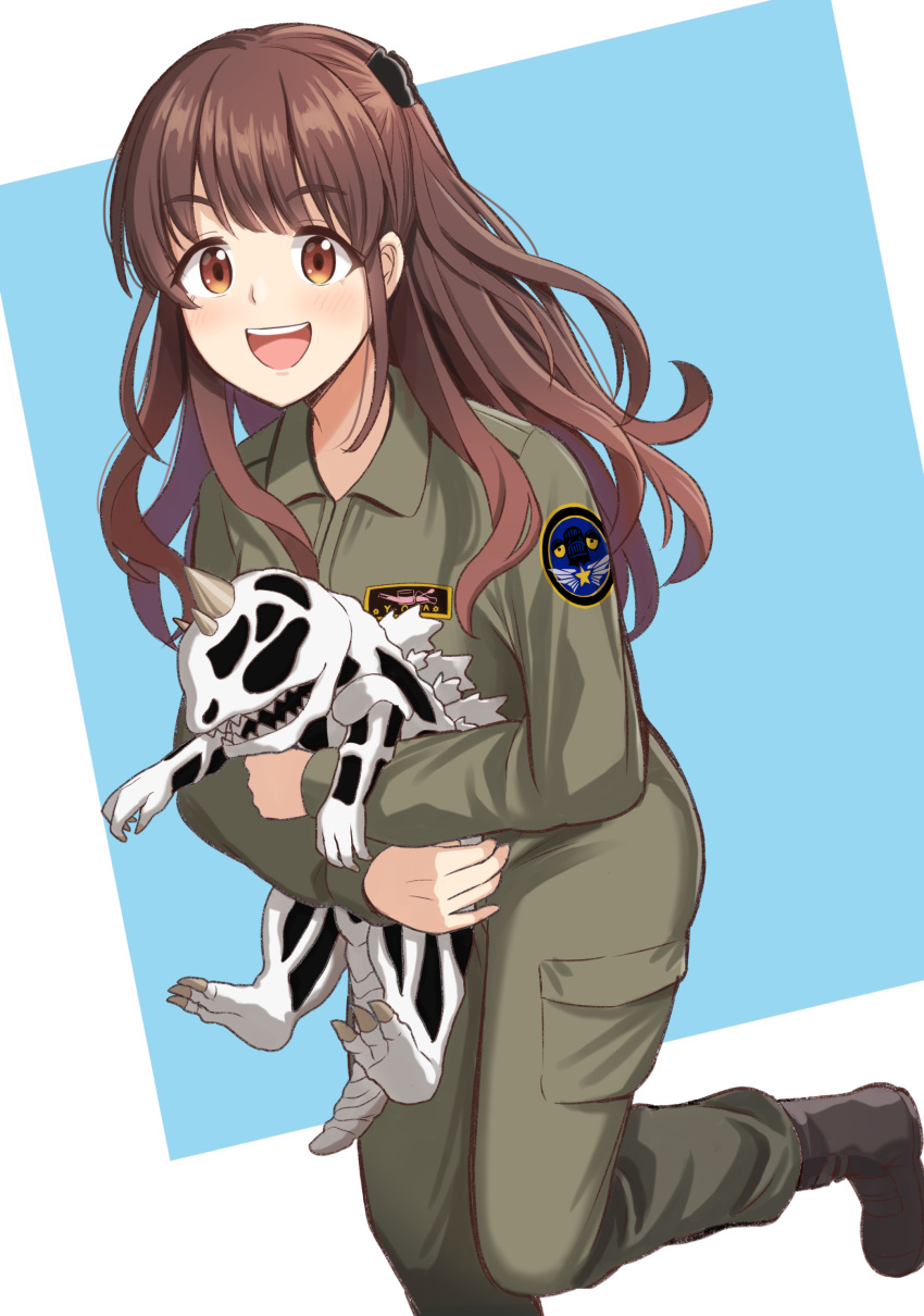 1girl, absurdres, animal, bangs, black_legwear, boots, brown_eyes, brown_hair
