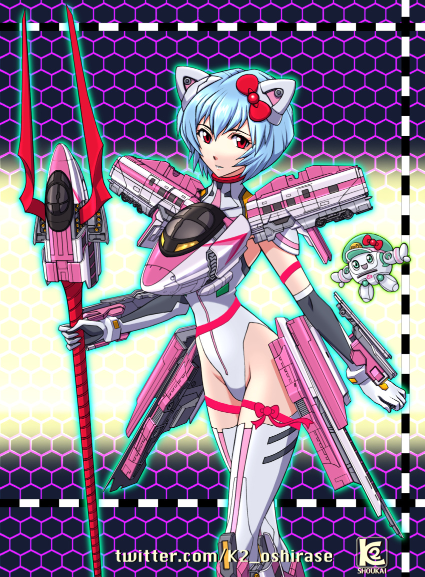 1girl, adapted_weapon, animal_ears, aqua_eyes, artist_name, ayanami_rei, blue_hair, bow, cat_ears, cosplay, crossover, elbow_gloves, fake_animal_ears, gloves, hair_between_eyes, hair_bow, highres, holding, holding_lance, holding_polearm, holding_weapon, k2_shokai, lance, lance_of_longinus, leotard, looking_at_viewer, mecha_musume, mechanical_ears, n500_kodama_(shinkalion), n500_kodama_(shinkalion)_(cosplay), neon_genesis_evangelion, open_mouth, polearm, red_eyes, robot, shashot, shinkansen_henkei_robo_shinkalion, short_hair, thigh-highs, weapon