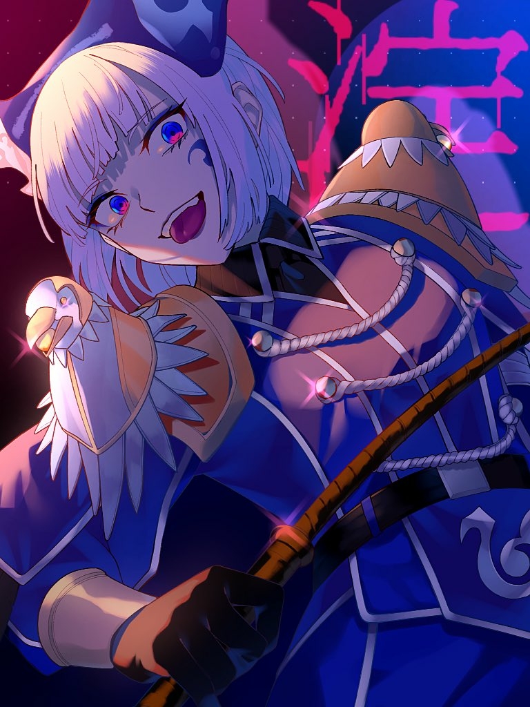 1girl, armor, atamano, bangs, black_gloves, blue_eyes, blunt_bangs, floating_hair
