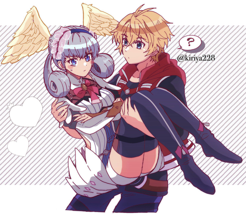 1boy, 1girl, blonde_hair, blue_eyes, blush, boots, braid, breasts