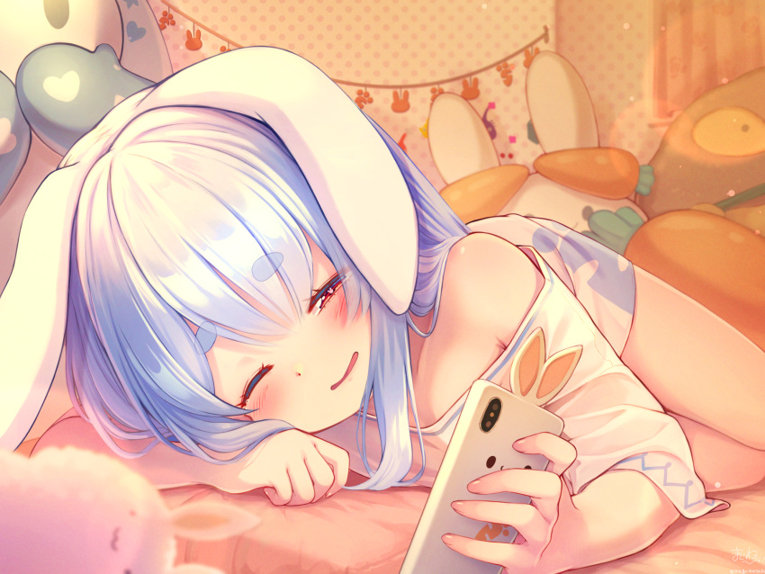 1girl, animal_ears, bedroom, blue_hair, carrot, carrot_print, cellphone, character_doll