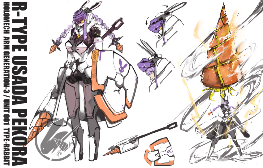 absurdres, blue_hair, braid, character_name, character_sheet, dokuro_deluxe, drill, giga_drill_break, helmet, highres, holding, holding_lance, holding_polearm, holding_weapon, hololive, lance, mecha, multiple_views, pekodam, polearm, shield, tengen_toppa_gurren_lagann, twin_braids, usada_pekora, virtual_youtuber, weapon, white_background, yellow_eyes