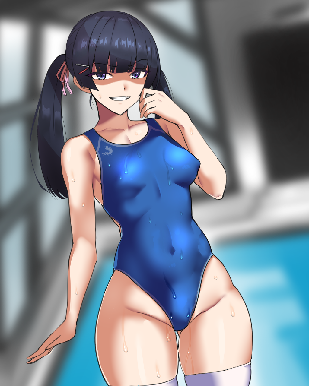 1girl, alternate_hairstyle, ass_visible_through_thighs, black_hair, blue_eyes, blue_swimsuit, blurry, breasts