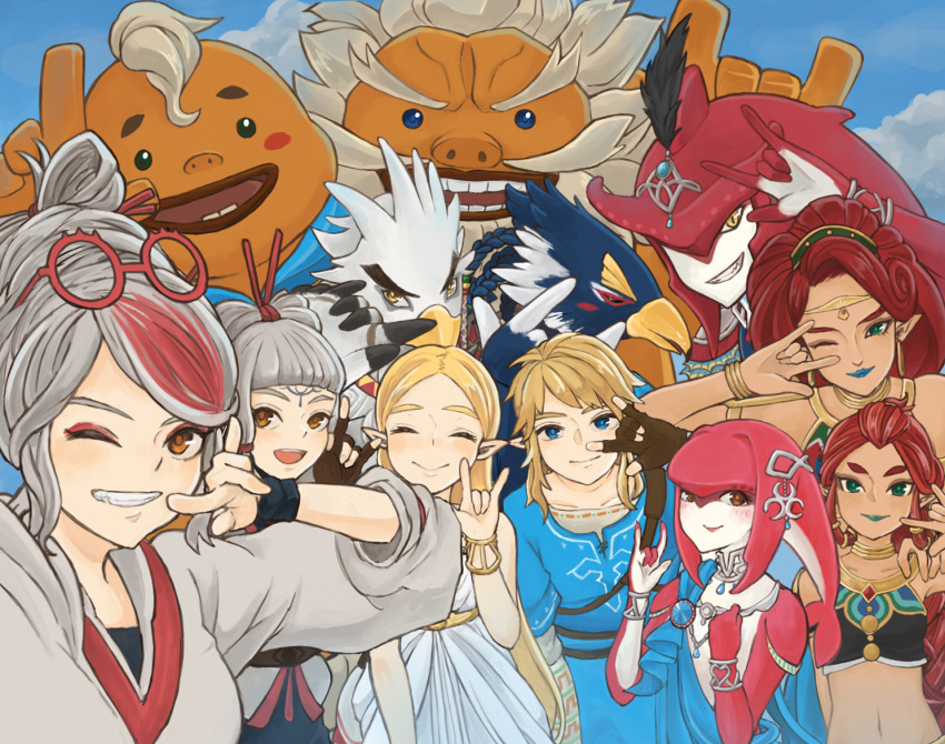 6+boys, 6+girls, \m/, bird_boy, blonde_hair, daruk, fingerless_gloves, fish_girl