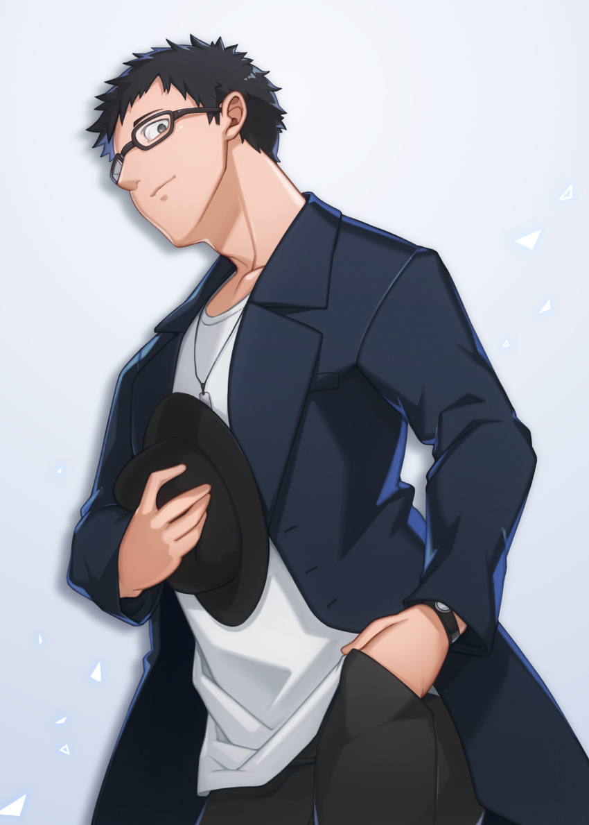 1boy, black-framed_eyewear, black_hair, black_headwear, black_pants, glasses, hand_in_pocket, harigiri305