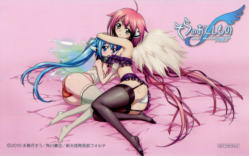 2010, 2girls, ahoge, aqua_eyes, arm_on_head, ass, astraea, bed_sheet