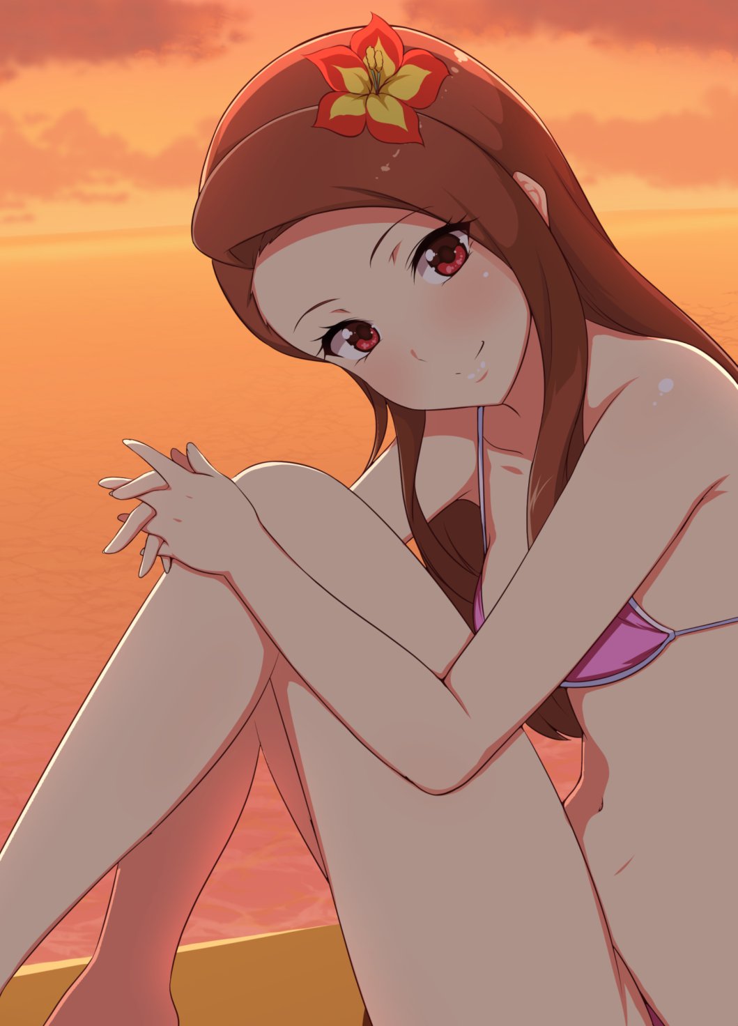 1girl, beach, bikini, blush, brown_hair, clouds, flower, hair_flower