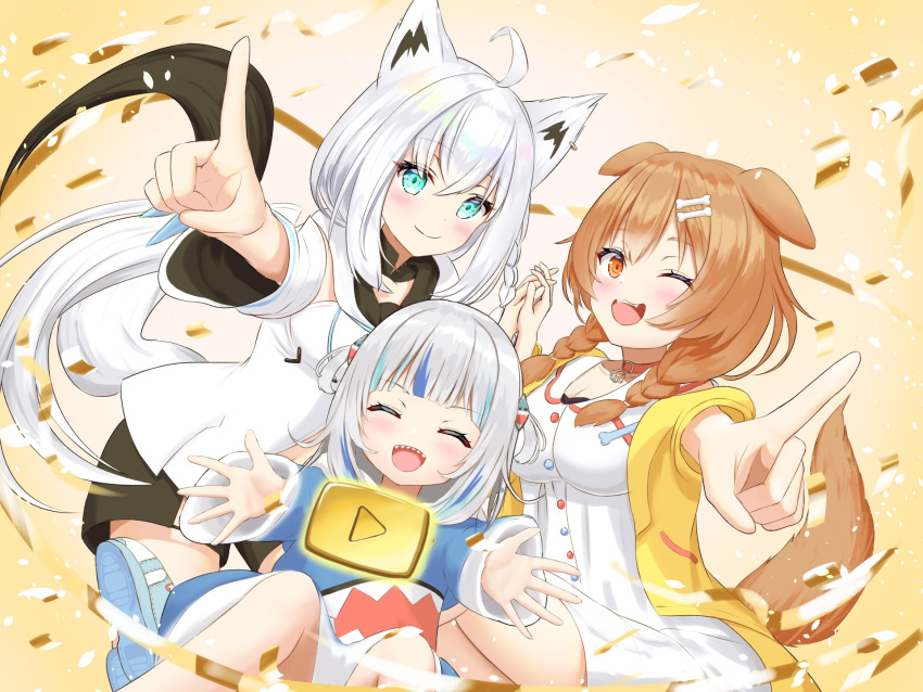 3girls, animal_ears, blush, commentary, confetti, dog_ears, dog_tail, dutch_angle