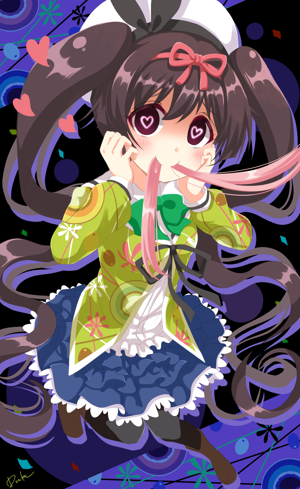 2girls, anime_coloring, bangs, biting_hair, black_bow, black_hairband, black_legwear, black_ribbon