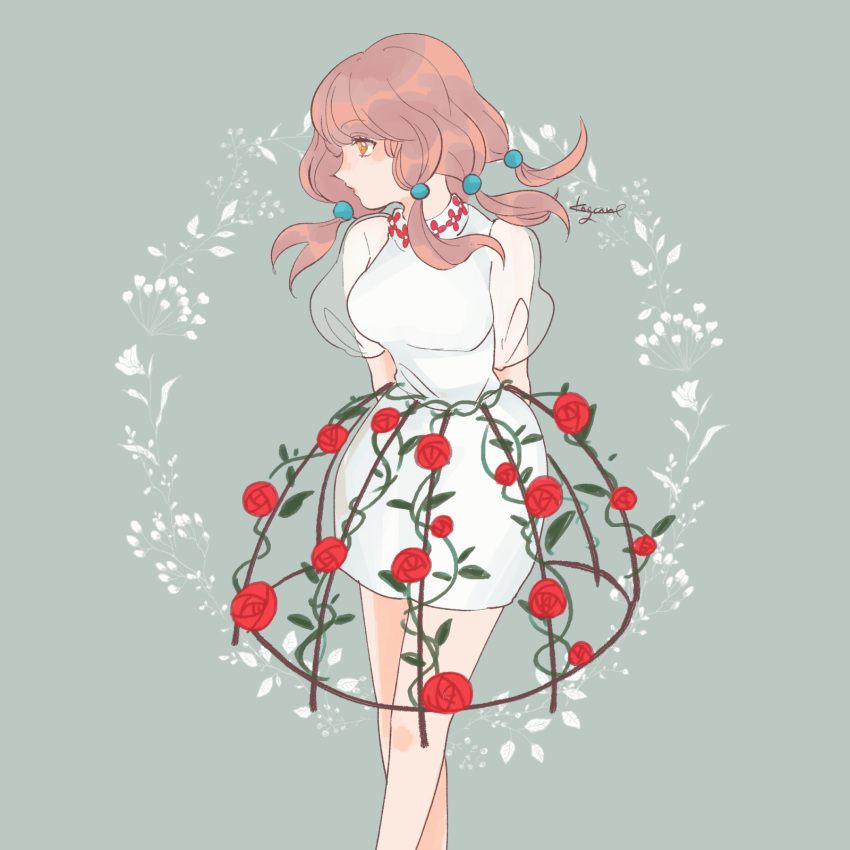 1girl, artist_name, crinoline, crossed_legs, dress, eyebrows_visible_through_hair, flower, grey_background