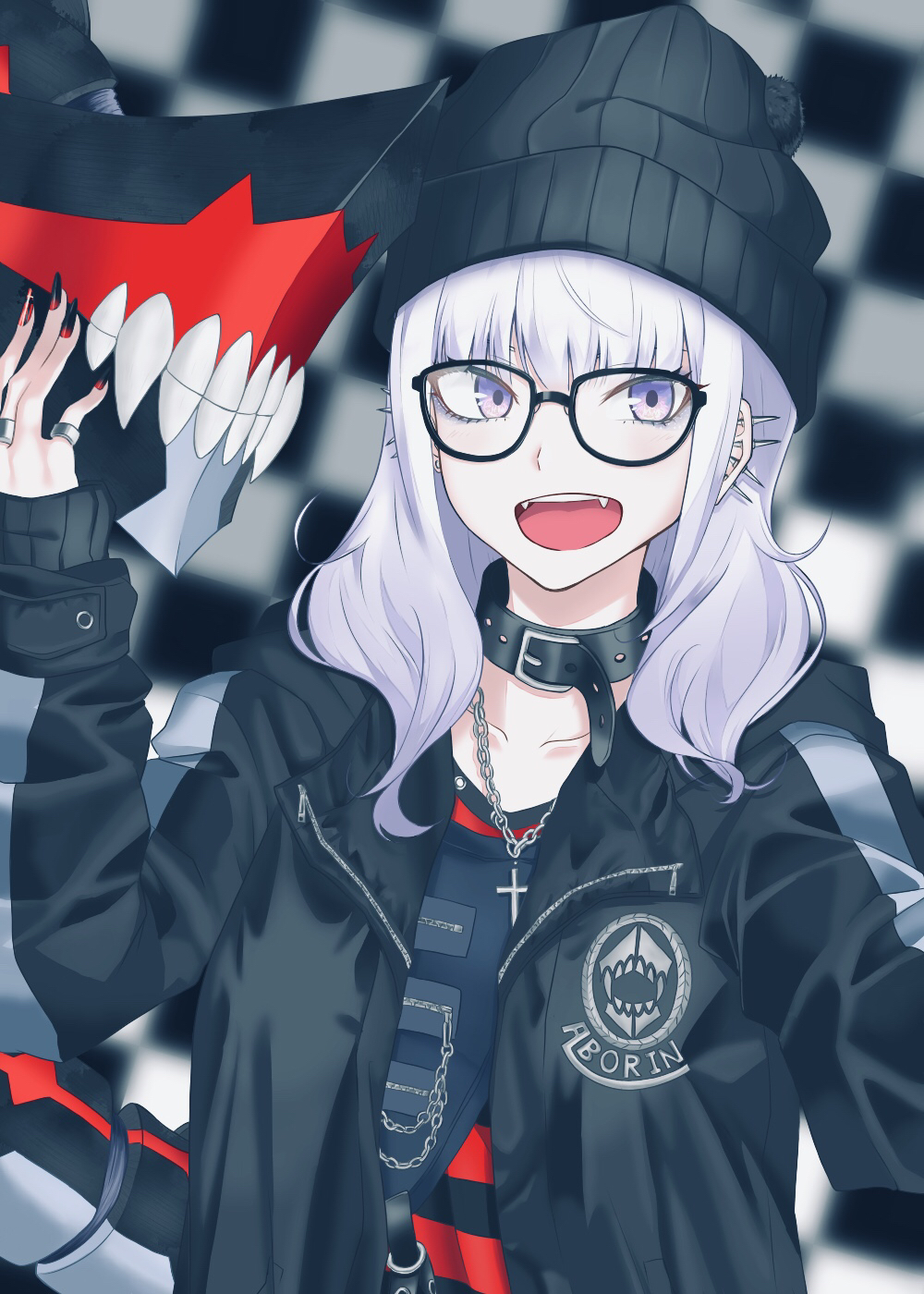1girl, abo_leen, beanie, black-framed_eyewear, black_collar, black_headwear, black_jacket, black_nails, blurry, blurry_background, chain, checkered, checkered_background, collar, cross, cross_necklace, ear_piercing, fangs, fingernails, glasses, hat, highres, hood, hood_down, hooded_jacket, jacket, jewelry, long_fingernails, long_hair, mechanical_tail, nail_art, necklace, open_clothes, open_jacket, open_mouth, original, piercing, pinky_ring, ring, self_shot, sleeves_past_wrists, smile, solo, striped, striped_clothes, tail, teeth, tongue, upper_body, violet_eyes, white_hair, zipper_pull_tab