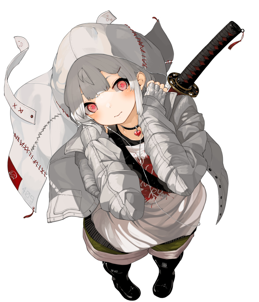 1girl, black_choker, black_footwear, blush, choker, cloak, closed_mouth, earphones