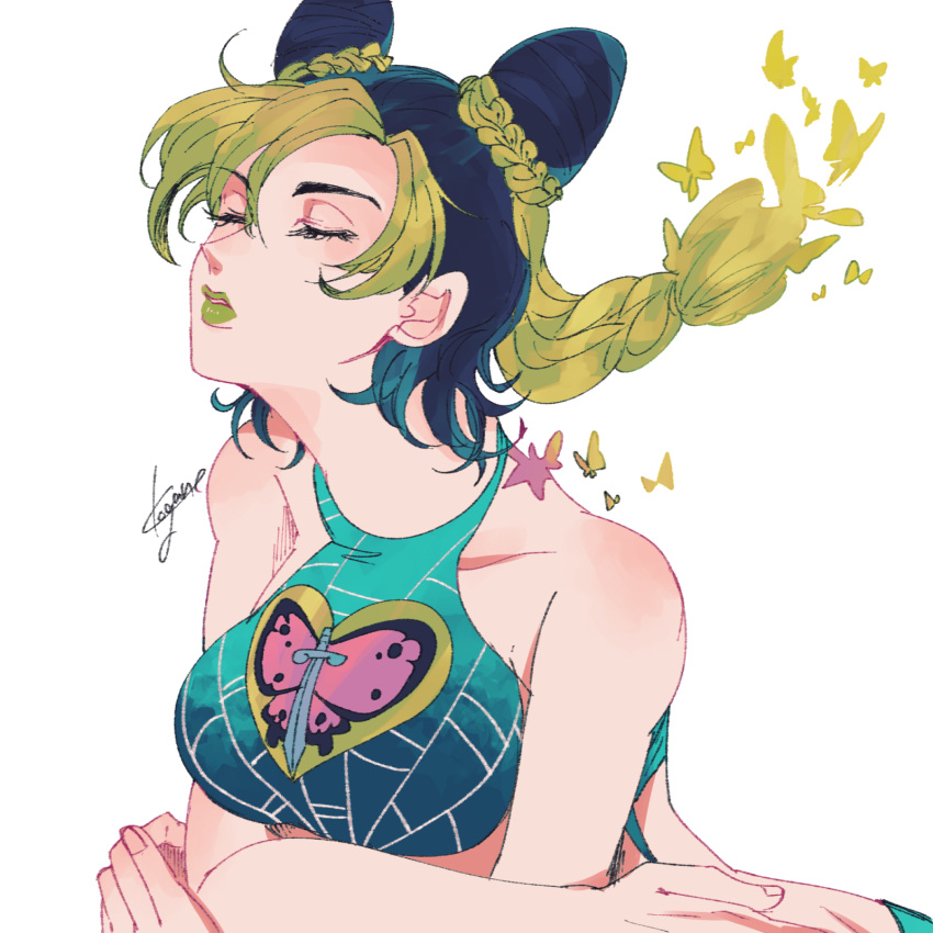 1girl, animal_print, artist_name, birthmark, black_hair, braid, bug, butterfly