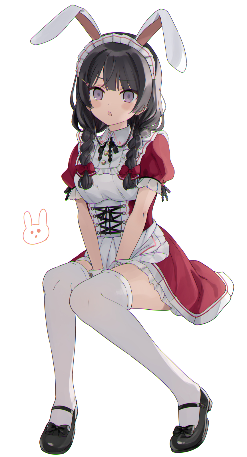 1girl, animal_ears, animal_print, arms_between_legs, bangs, black_hair, blush, bow