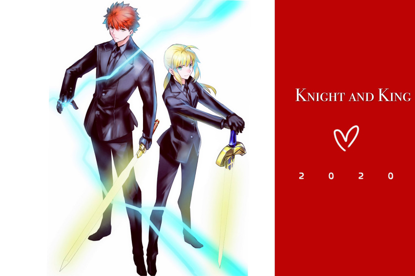 1boy, 1girl, ahoge, artoria_pendragon_(all), black_suit, blonde_hair, emiya_shirou, english_text