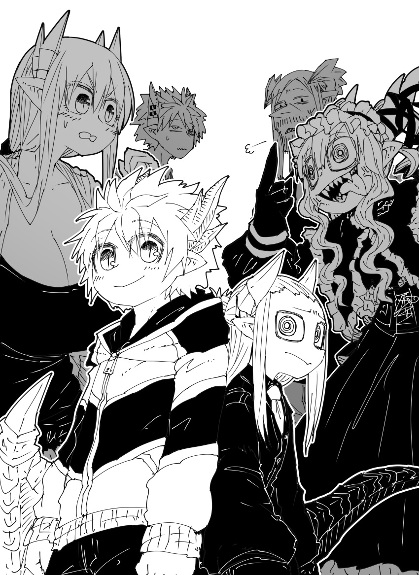 2girls, 4boys, @_@, absurdres, albert_(mazohaha), black_gloves, black_tail, demon_horns