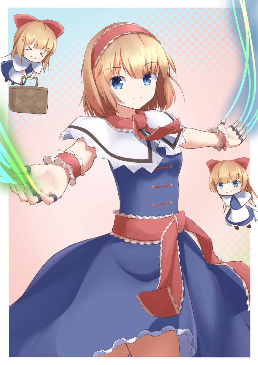 >_<, 1girl, alice_margatroid, apron, arms_up, basket, blonde_hair, blue_background