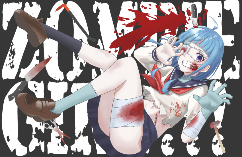 1girl, abo_leen, ahoge, bandaged_arm, bandaged_leg, bandages, black_legwear, blood