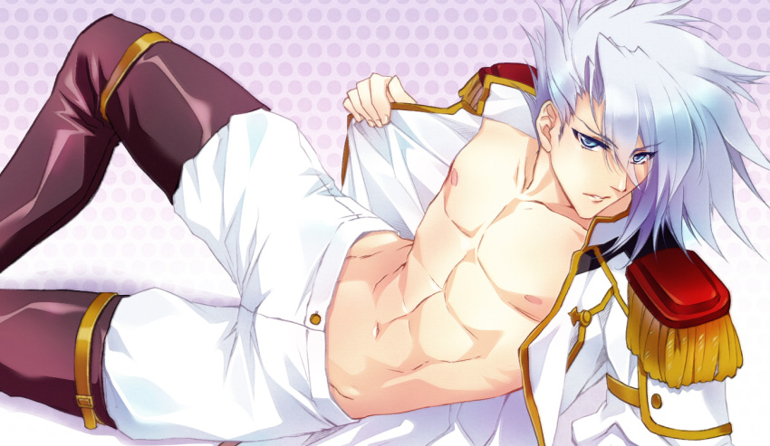 1boy, areolae, bare_pecs, blue_eyes, carnelian, collarbone, cowboy_shot, epaulettes, erecpyle_dukakis, eyebrows_visible_through_hair, ixion_saga, lips, looking_at_viewer, male_focus, navel, open_clothes, open_shirt, parted_lips, polka_dot, polka_dot_background, silver_hair, solo