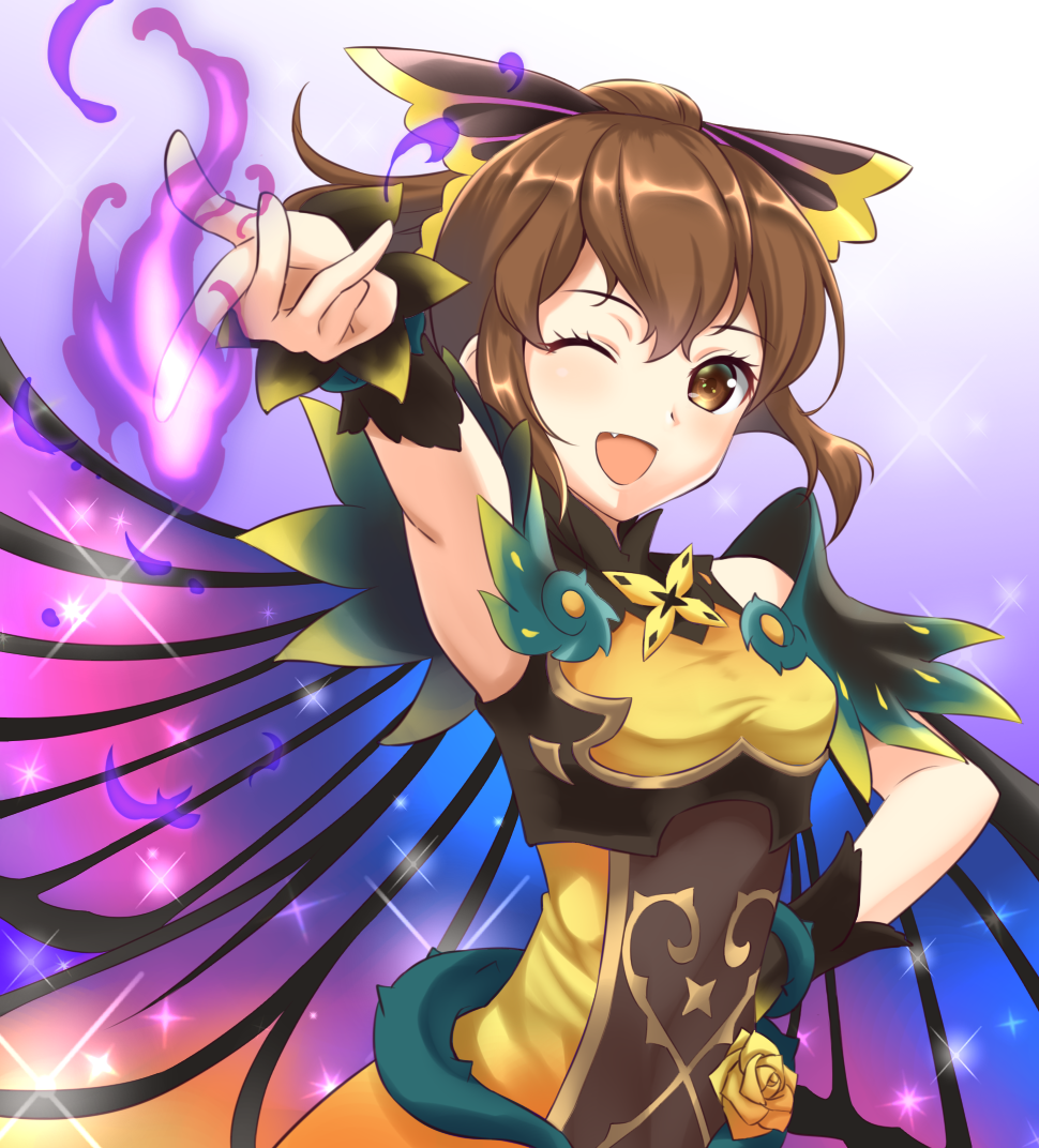 1girl, armpits, aura, bare_shoulders, bow, brown_eyes, brown_hair, butterfly_wings