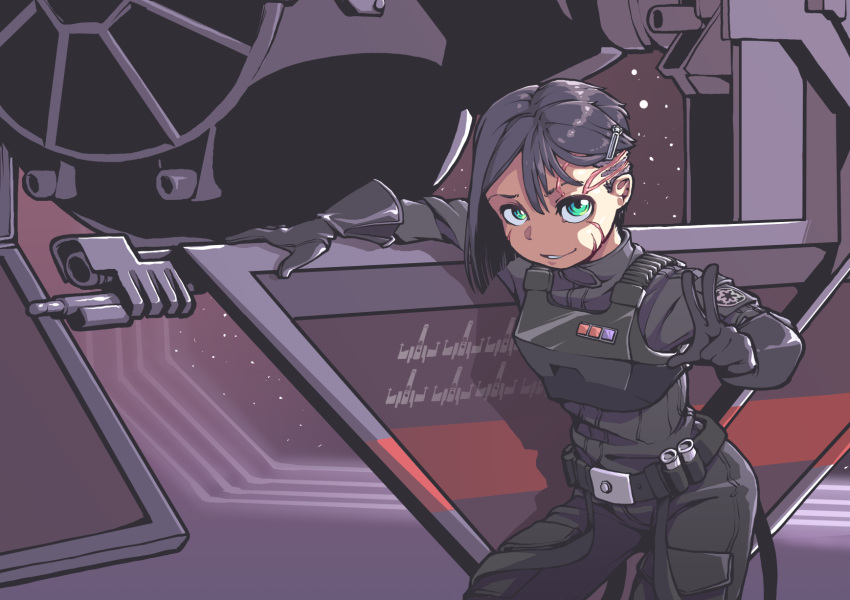 1girl, asymmetrical_hair, black_gloves, black_hair, english_commentary, gloves, green_eyes, highres